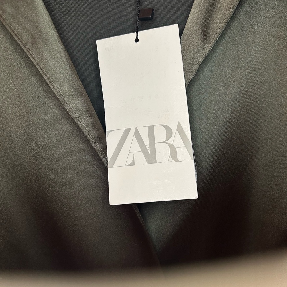 Zara Olive Satin Faux Wrap Long Sleeve Mini Dress - Picture 6 of 14